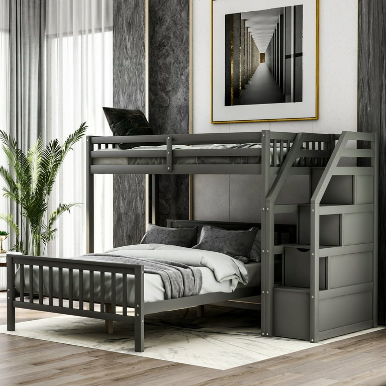 Grey Modern L-Shaped Bunk Bed with Storage Staircase