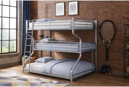 Grey Triple Bunk Bed Metal Mixed Mattress Sizes Graduated Widths