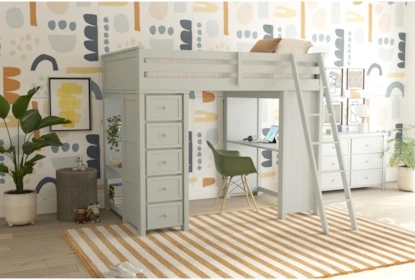 Grey Wood Sleep and Study Loft Bed with Built-in Chest of Drawers