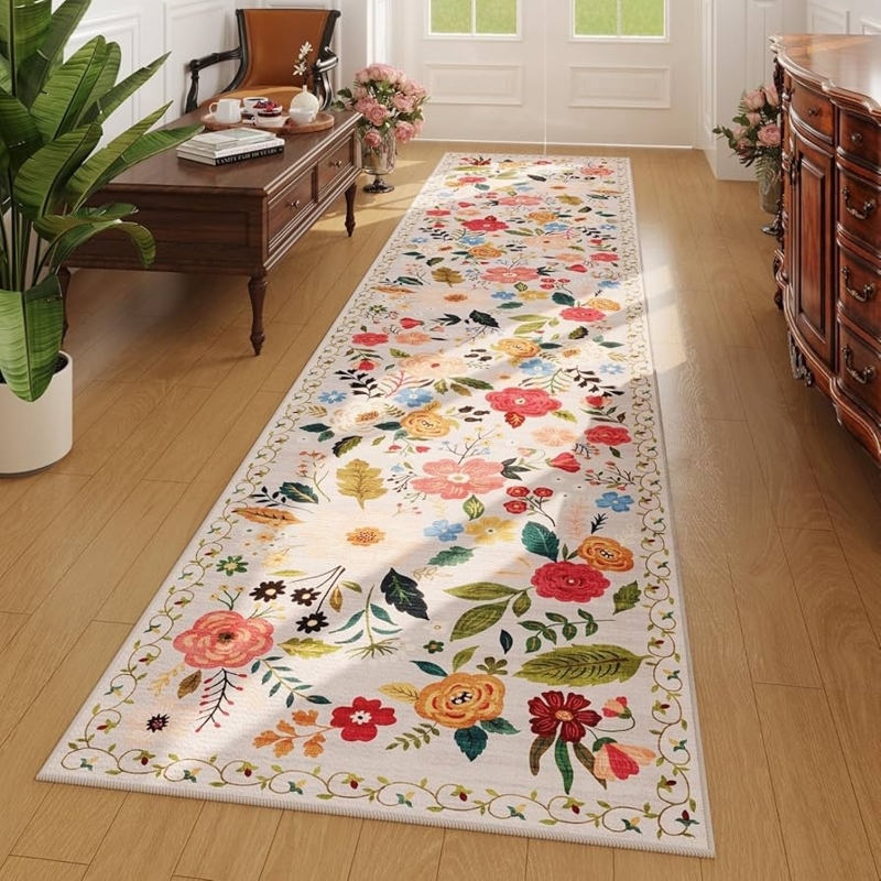 Hallway Runner Beige Floral Border Vintage Muted Tones Kitchen Rug