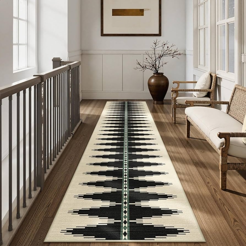 Hallway Runner Black Cream Geometric Diamond Ultra Thin Profile Modern