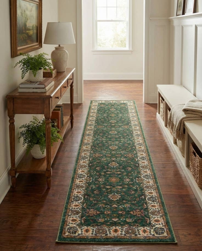 Hallway Runner Emerald Green Medallion Geometric Traditional Ivory