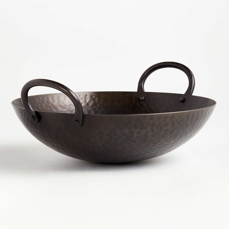 Hammered Metal Fruit Bowl, Deep Well, Loop Handles, Artisanal Black