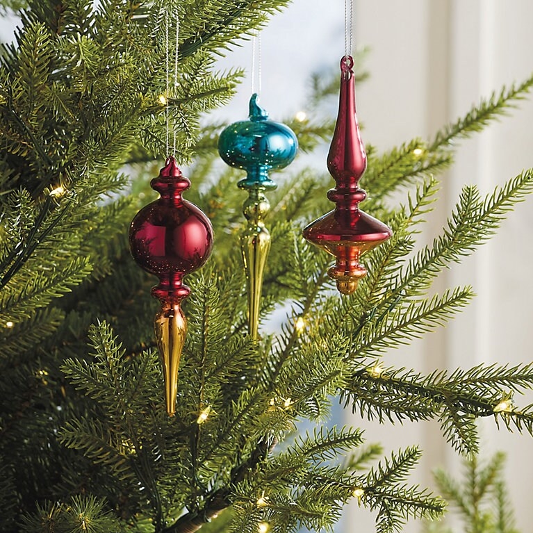 Hand Blown Glass Finial Ornaments in Rich Jewel Toned Mercury Finish