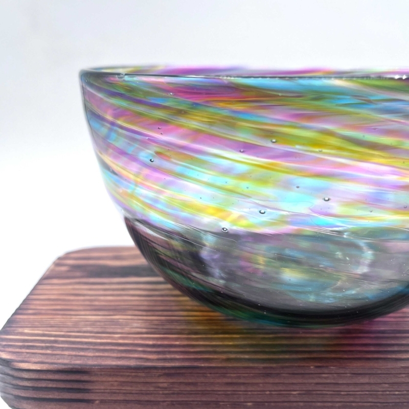 Hand-Blown Glass Serving Bowl, Rainbow Spiral, Twisted Rim