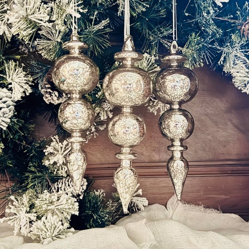 Hand Blown Mercury Glass Finial Ornaments with Distinct Ribbed Texture