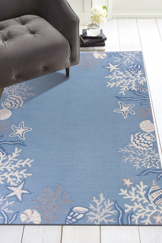 Hand-Hooked Area Rug: Sea Blue Seashell Motif, Textured
