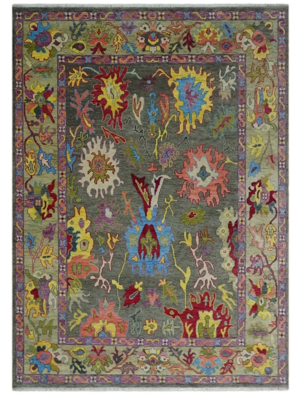 Hand-Knotted Area Rug Gray Olive Oushak Floral Distressed
