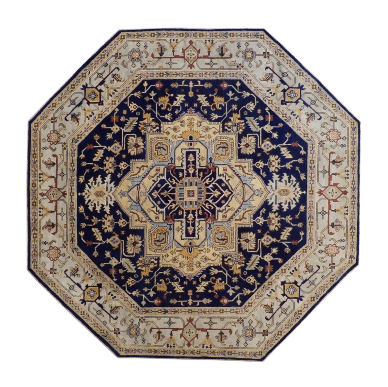 Hand Knotted Wool Rug in Navy Blue Octagonal Persian Style