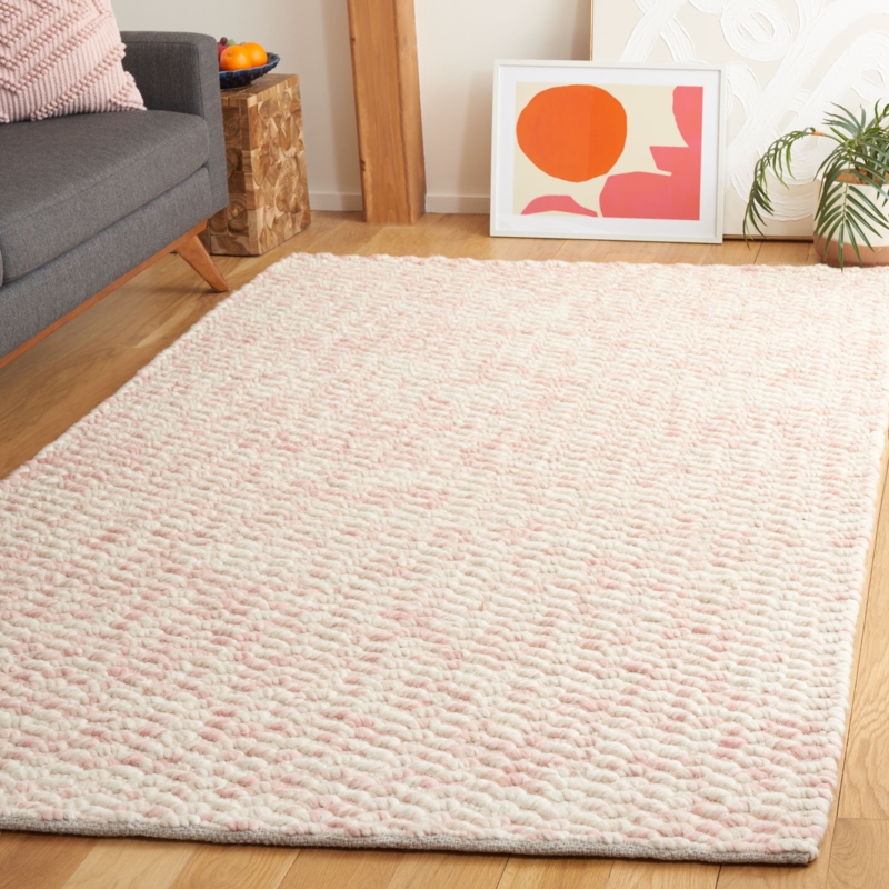 Hand Loomed Area Rug Peach Geometric Motif Wool Cotton Bohemian Style