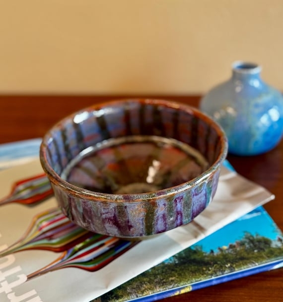 Hand-Painted Ceramic Serving Bowl, Striped Pedestal Design