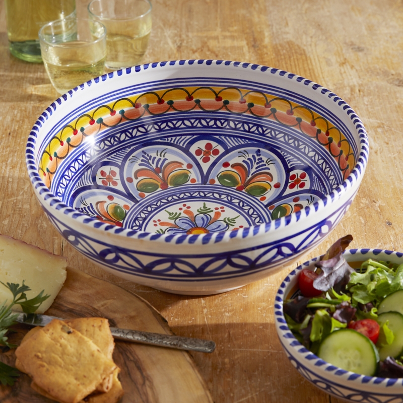 Hand-Painted Ceramic Serving Bowl with Cobalt Folk Art Motifs