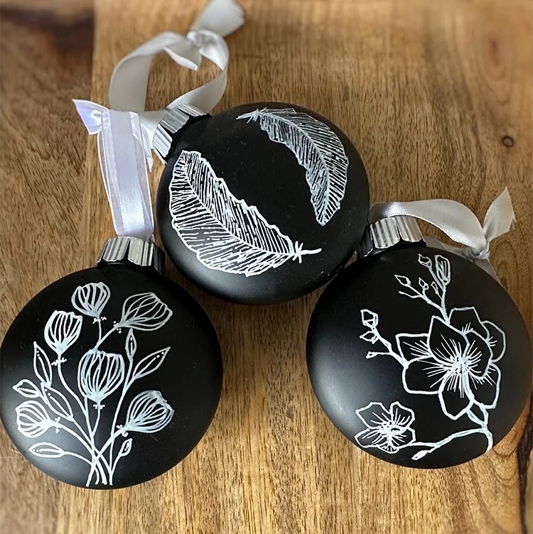 Hand Painted Christmas Ornament Botanical White Patterns Matte Finish (74 chars)