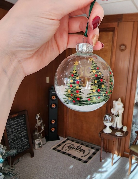 Hand Painted Glass Ornament Clear Ball Tree Motif Gold Script Decor