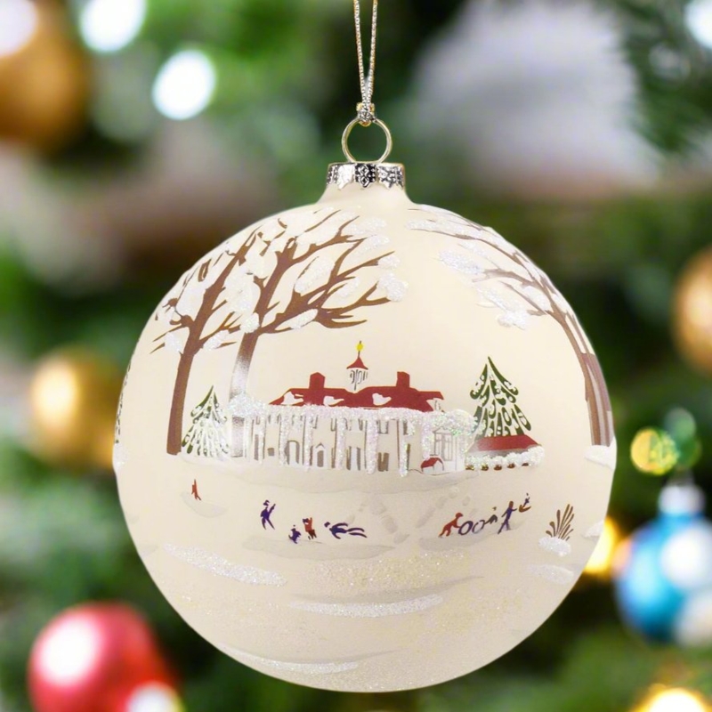 Hand-Painted Glass Ornament Featuring Folk Art Winter Landscape Scene