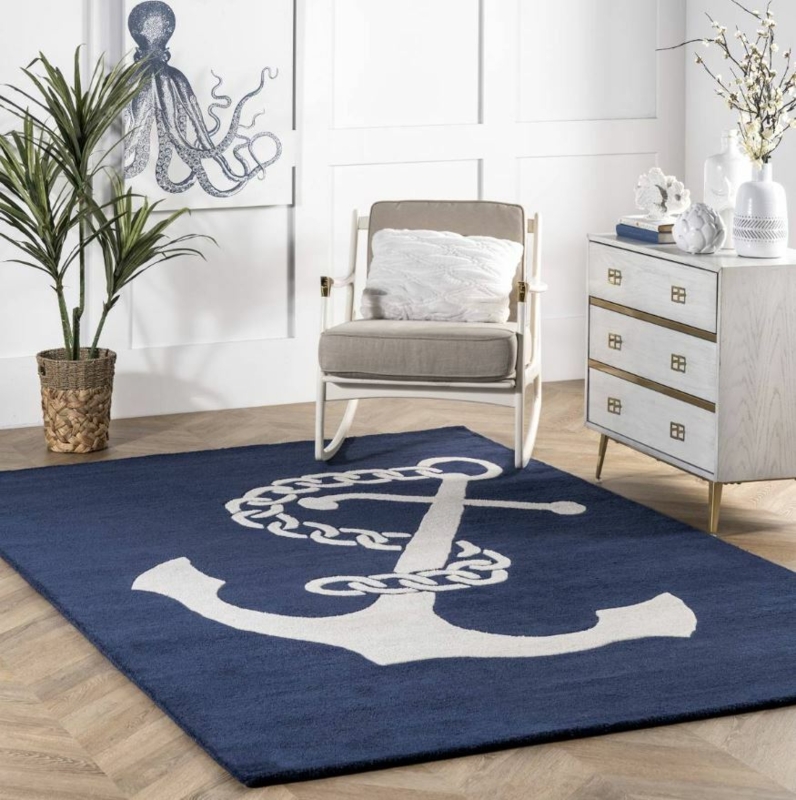 Hand Tufted Wool Area Rug, Large Anchor Graphic, Navy Blue Coastal Decor
