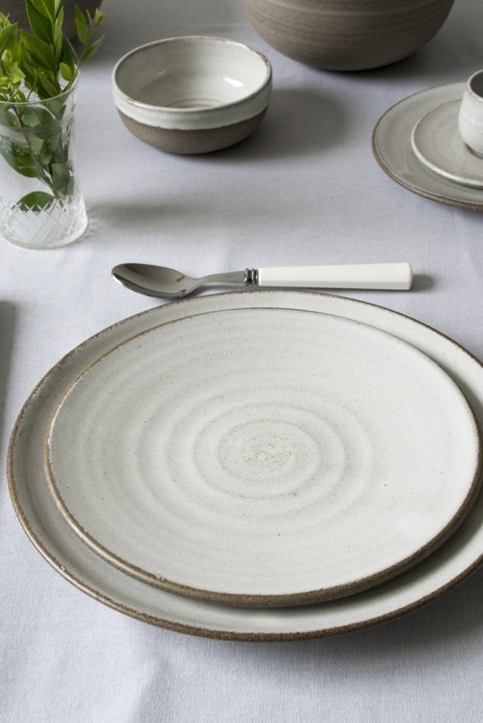 Handcrafted Pottery Dinner Plates, Speckled Stoneware with Blue Spiral.