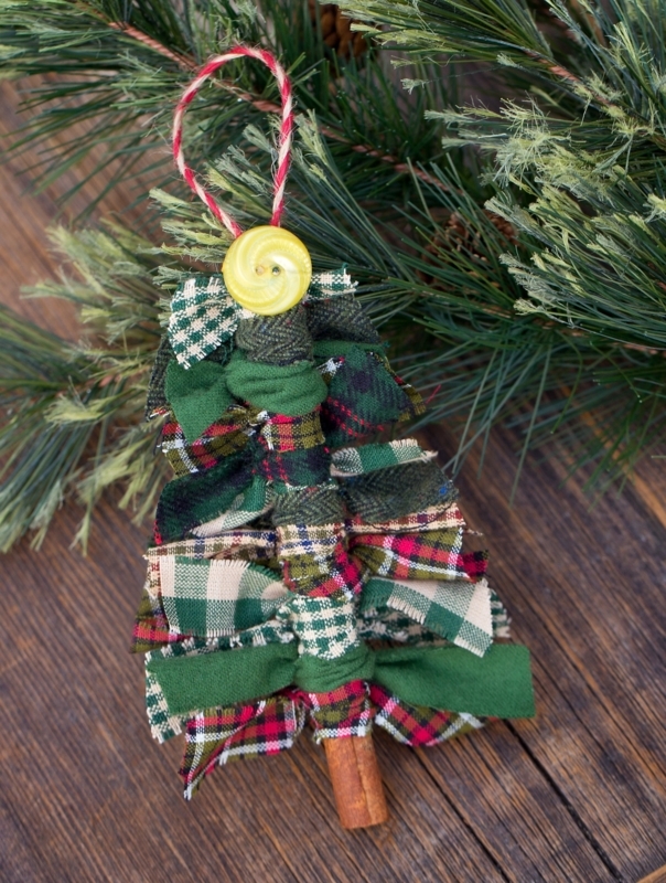 Handmade Scrap Fabric Tree Ornaments on Twig Trunks