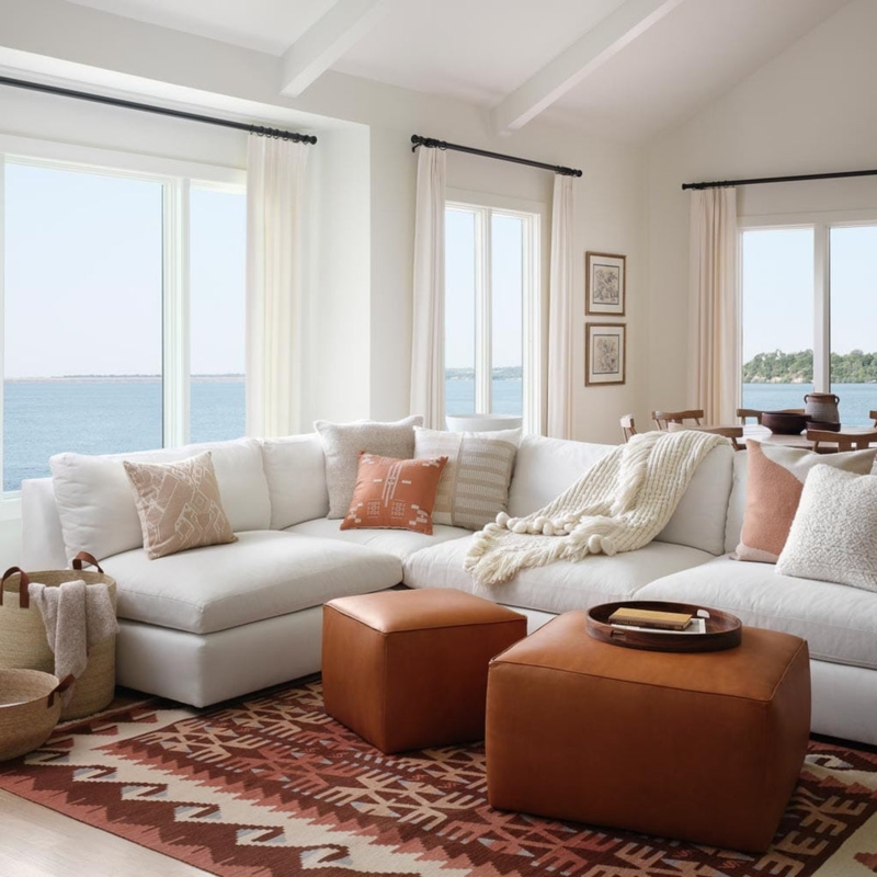 Handwoven Terracotta Kilim Area Rug in Airy Modern Living Room