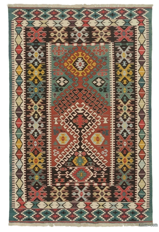 Handwoven Turkish Kilim Area Rug, Multicolor Geometric Tribal Pattern