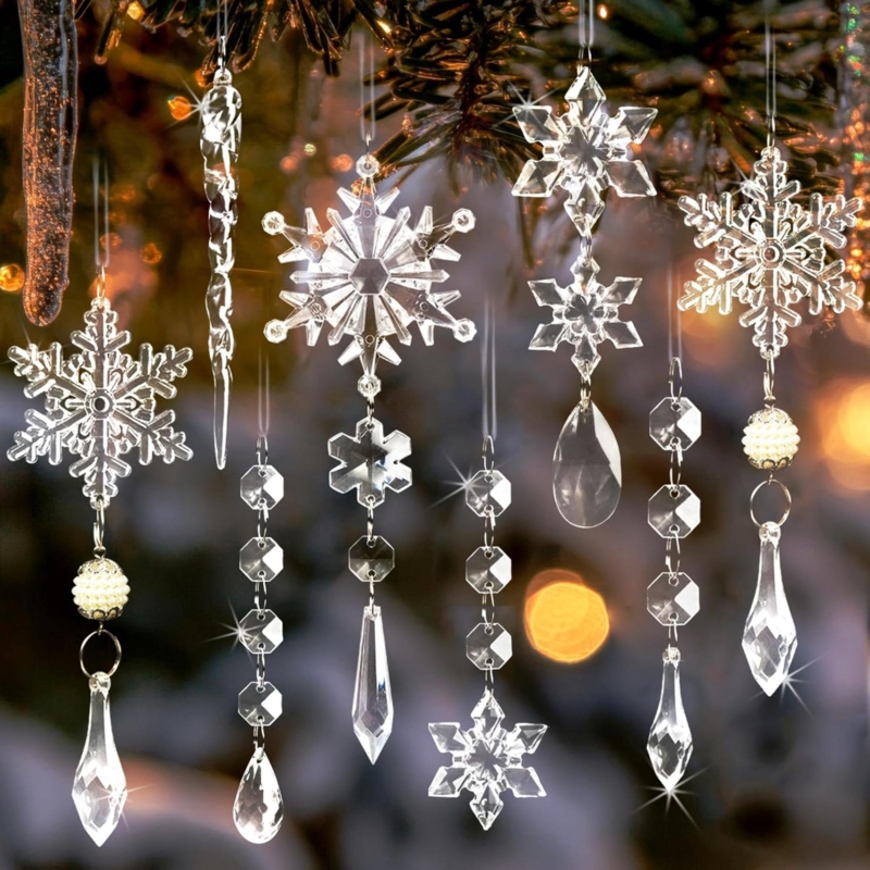 Hanging Ornaments Set: Faceted Acrylic Snowflakes and Icicle Drops