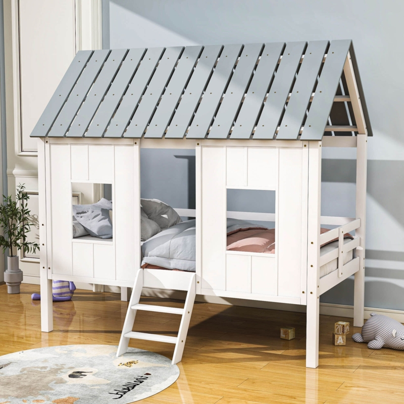 Harper Orchard Twin Size Wood Loft House Bed With Roof And Windows &  Reviews | Wayfair