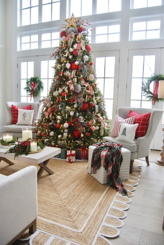 Heavily Flocked Christmas Tree Traditional Red Accents High Ceiling