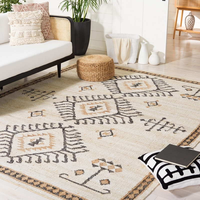 High Contrast Geometric Kilim Rug, Bold Black and Ivory Tribal Design