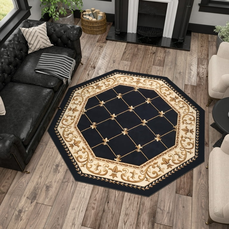 High Contrast Traditional Area Rug in Black Octagon Medallion