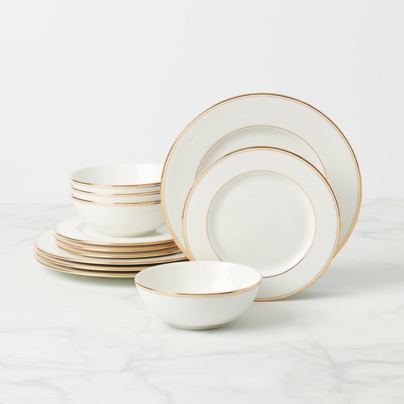 High Gloss Dinnerware Set Classic White Gold Rim