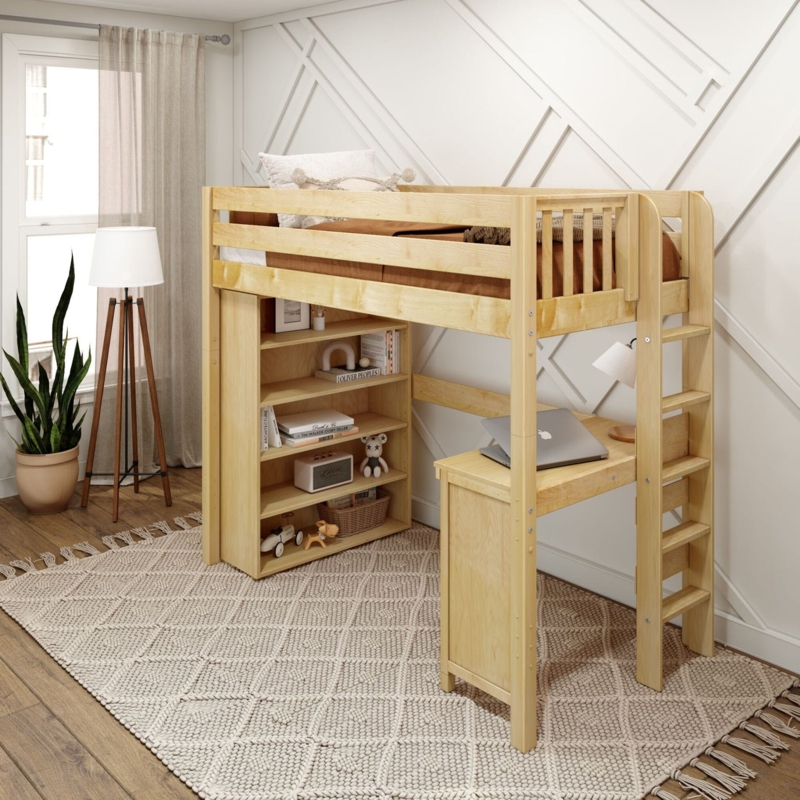 High Loft Bed with Integrated Corner Desk and Storage
