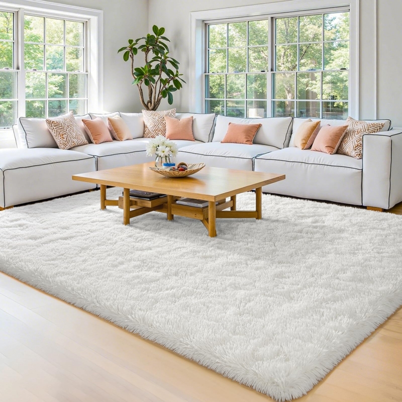 High Pile Shag Area Rug Cream White Modern Fluffy