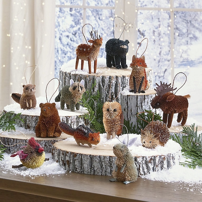 Holiday Ornament: Bottle Brush Woodland Set, Textured Holiday Decor
