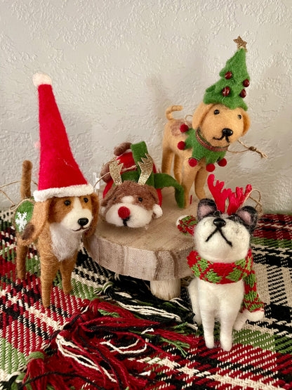 Holiday Ornament Curly Texture Felted Wool Appearance Red Collar