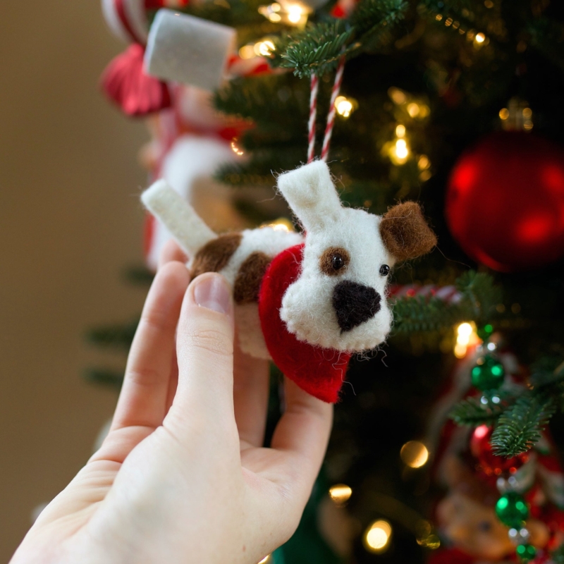 Holiday Ornament Felted Wool Dog Shape Blue Collar Artisanal
