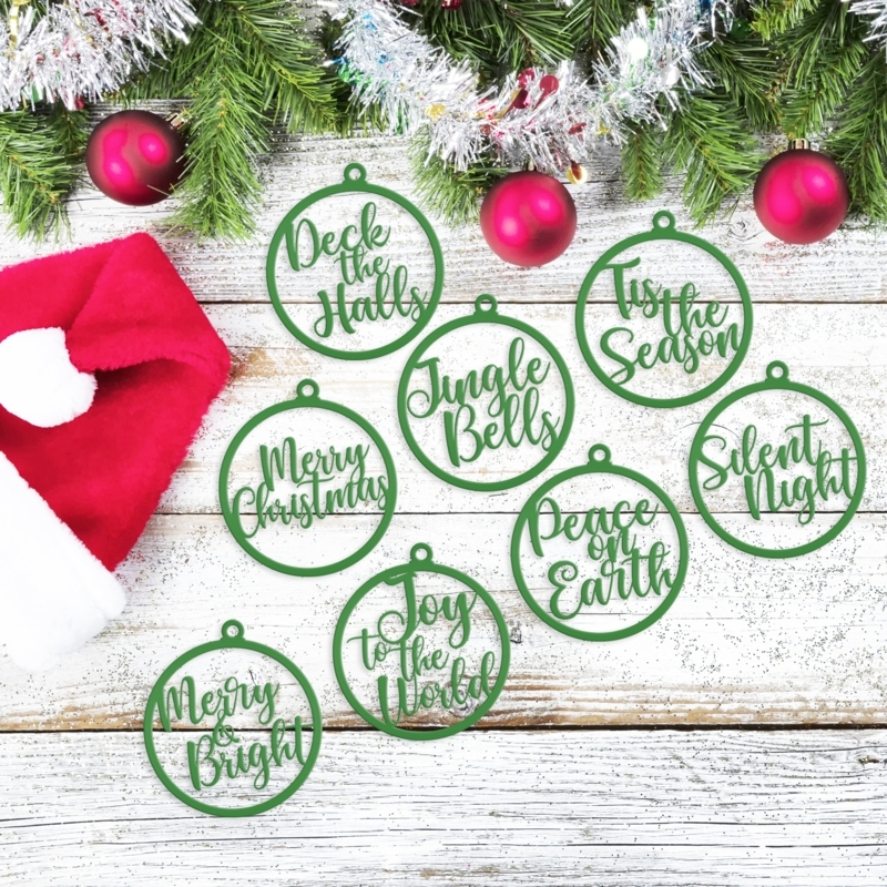 Holiday Ornament Forest Green Metal Matte Decorative Sprig Typography