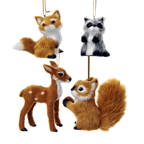 Holiday Ornament: Fuzzy Raccoon Figurine, Woodland Themed Tree Decor