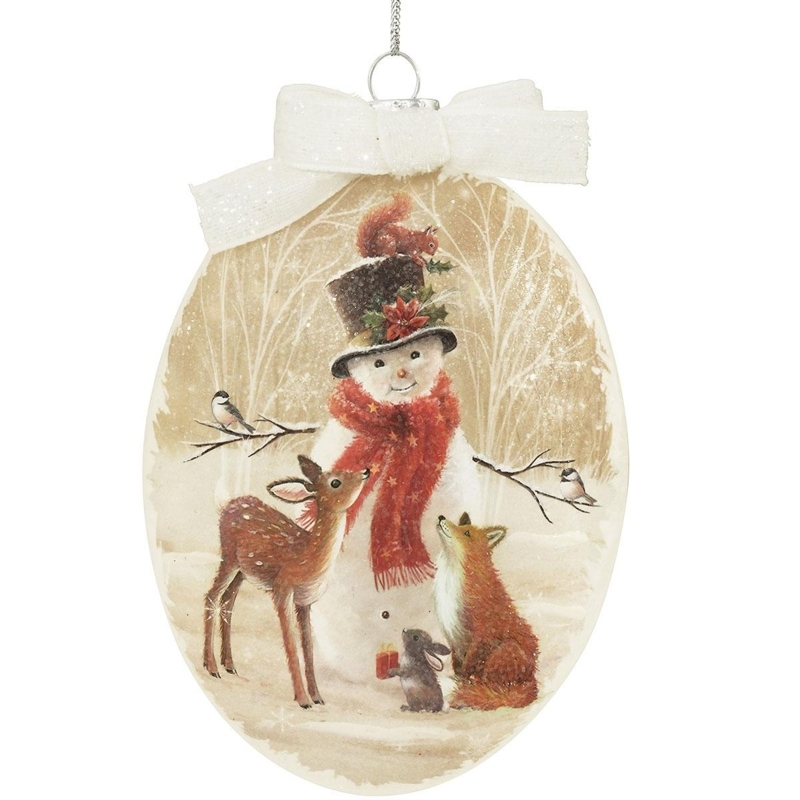 Holiday Ornament: Glass Disc Winter Scene, Snowman and Woodland Animals