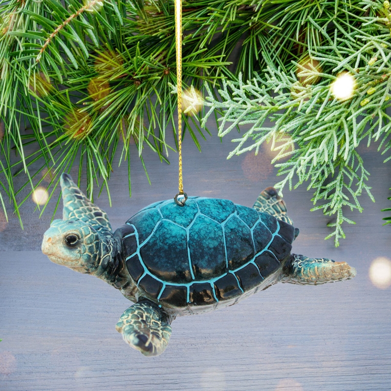 Holiday Ornament: Glossy Resin Sea Turtle Shape with Mottled Blue Shell