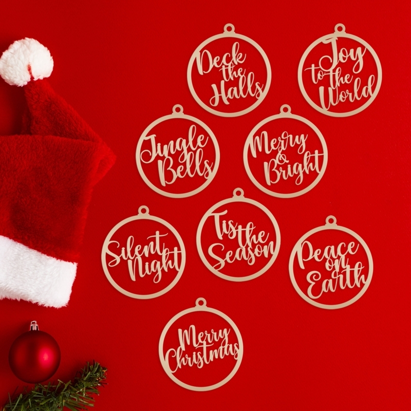 Holiday Ornament Matte Gold Metal Script Cutout Circular Frame Modern