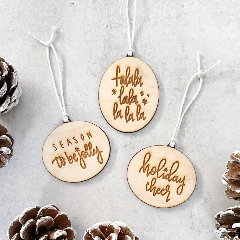 Holiday Ornament Natural Wood Engraved Script Jute Hanger Matte Finish