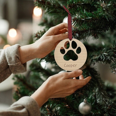 Holiday Ornament Paw Shape Heart Cutout Memorial Engraving Rustic Wood