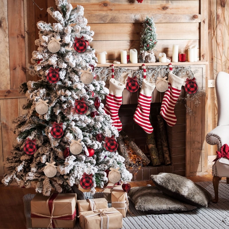 Holiday Ornament Set: Mixed Textures, Fabric Balls & Burlap Bow Accents.