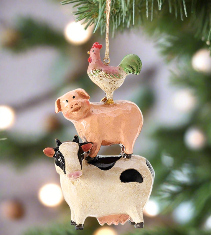 Holiday Ornament: Stacked Farm Animals, Rustic Country Christmas Decor