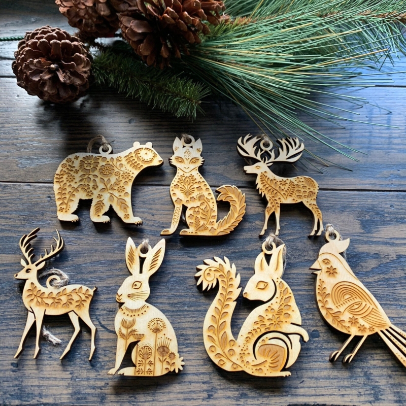 Holiday Ornaments: Rustic Folk Art Woodland Animal Shapes, Wood & White