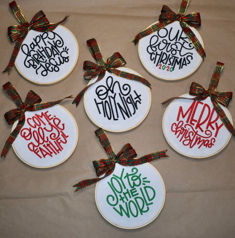 Holiday Ornaments White Matte Script Lettering Natural Wood Beads