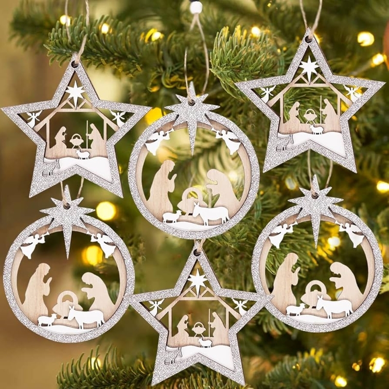 Holiday Ornaments Wooden Nativity Theme Three Layer Construction Rustic