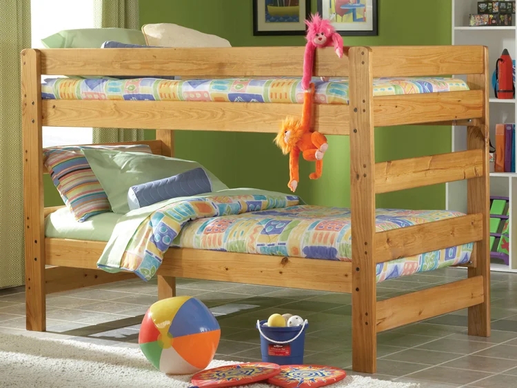 Honey Finish Wooden Bunk Bed featuring Classic Slatted Panels