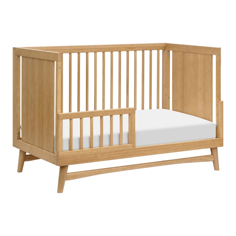 Honey-Toned Convertible Crib, Spindle Slats, Mid-Century Style