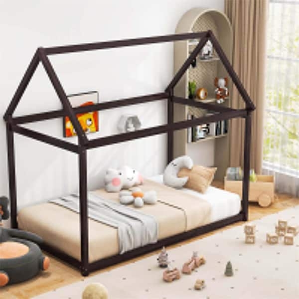 House Bed Brown Wood Peaked Roof Twin Size Floor Frame